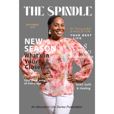Magazine Cover with woman standing with hands on hip and big smile.